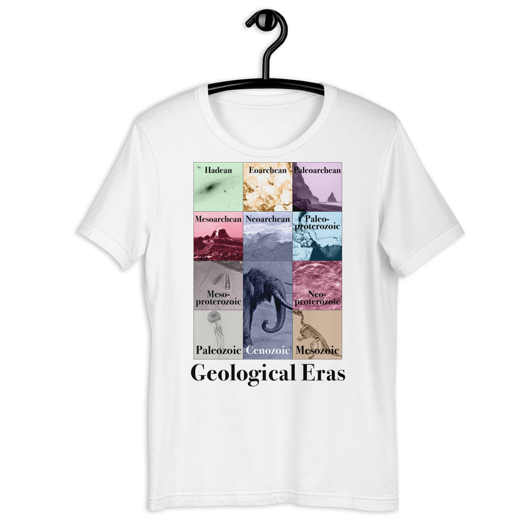 taylor swift themed eras tour t-shirt with pictures of taylor swift replaced with geological eras from the hadean to the cenozoic